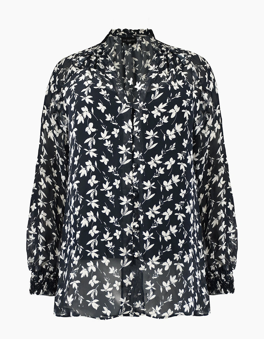 Mono Floral Print Ruffle Front Blouse
