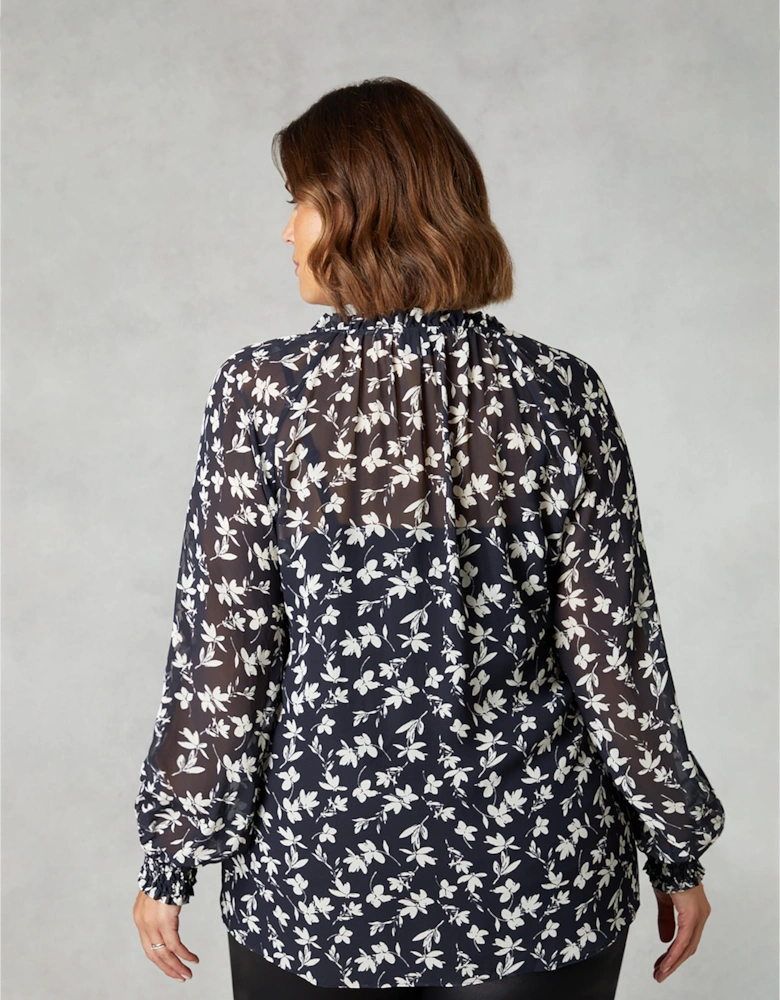 Mono Floral Print Ruffle Front Blouse