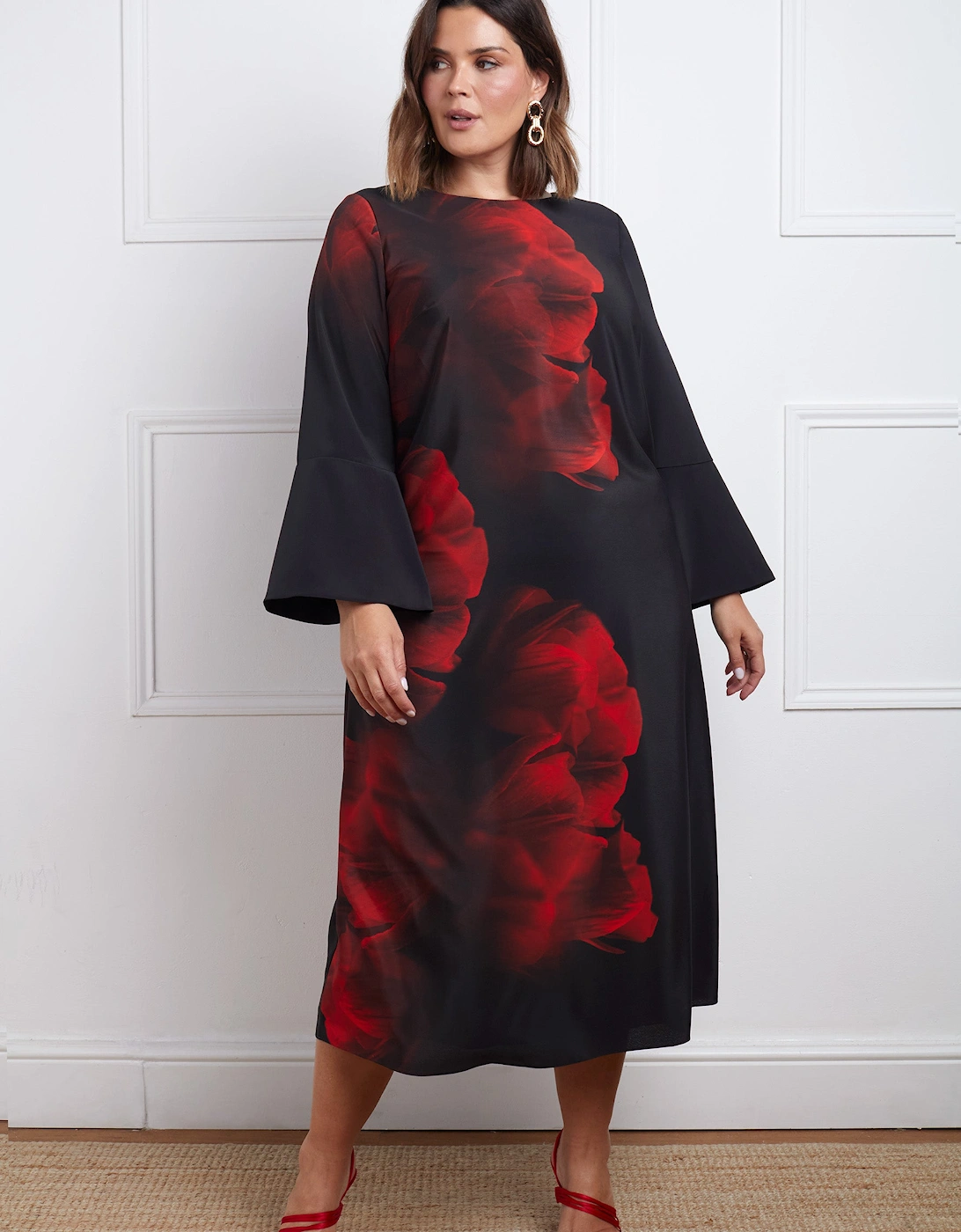 Red Floral Print Flared Sleeve Midaxi Dress