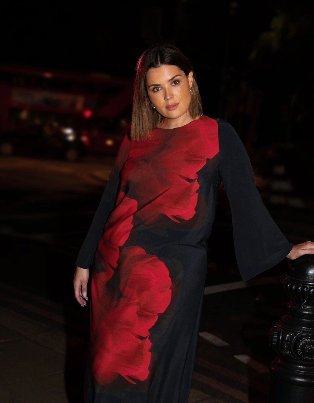 Red Floral Print Flared Sleeve Midaxi Dress