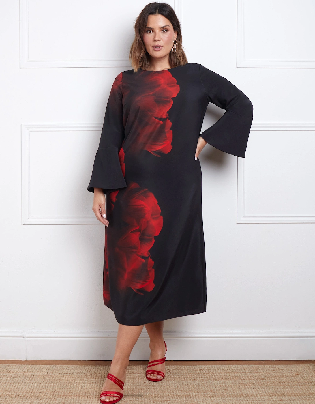 Red Floral Print Flared Sleeve Midaxi Dress