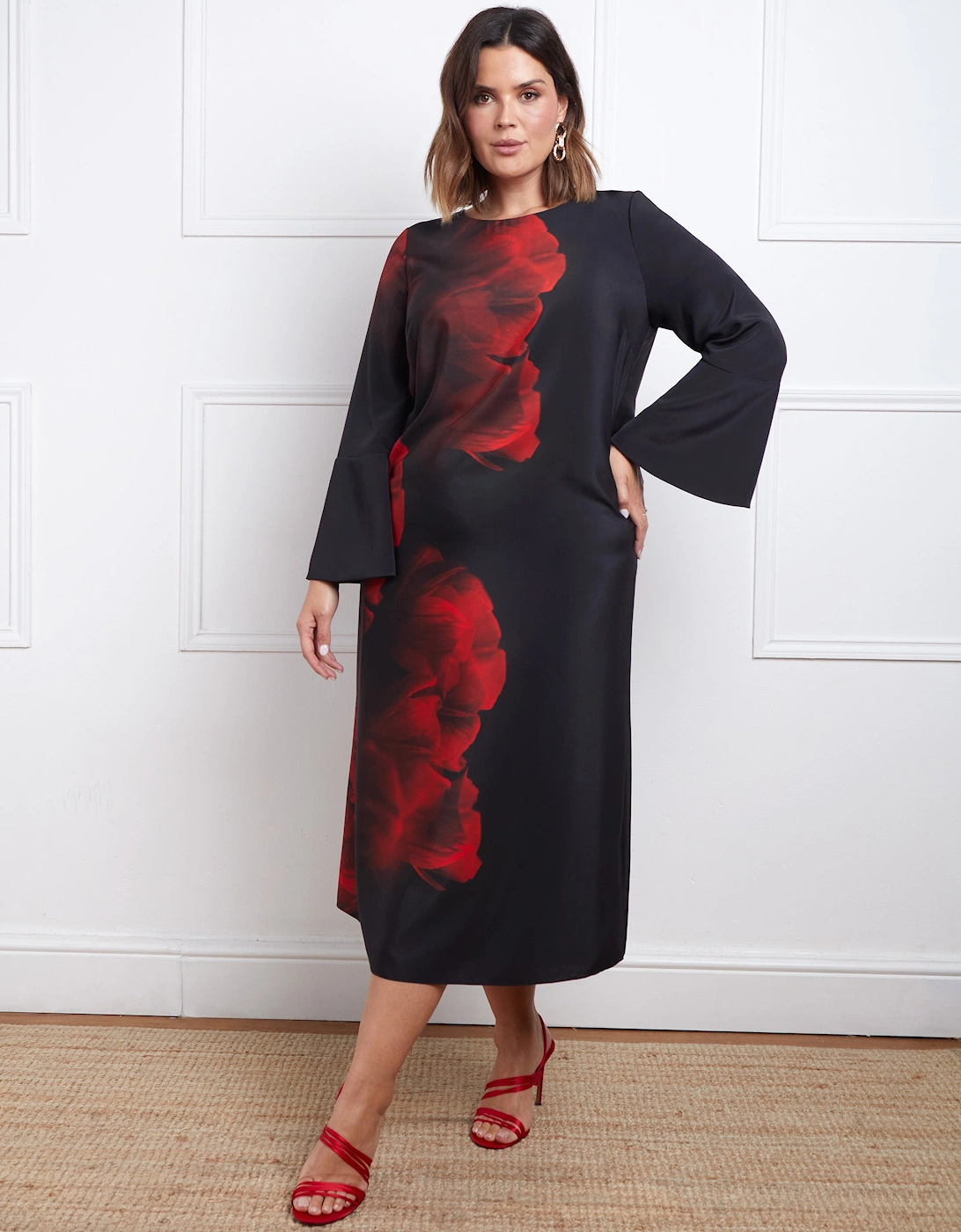 Red Floral Print Flared Sleeve Midaxi Dress