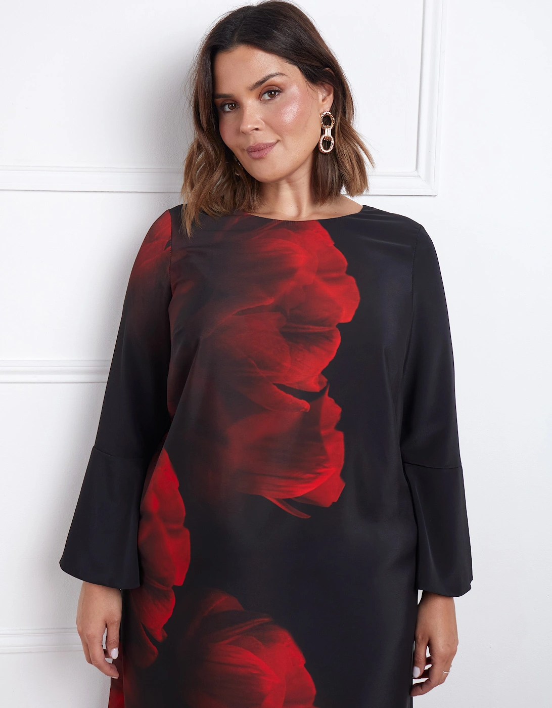 Red Floral Print Flared Sleeve Midaxi Dress