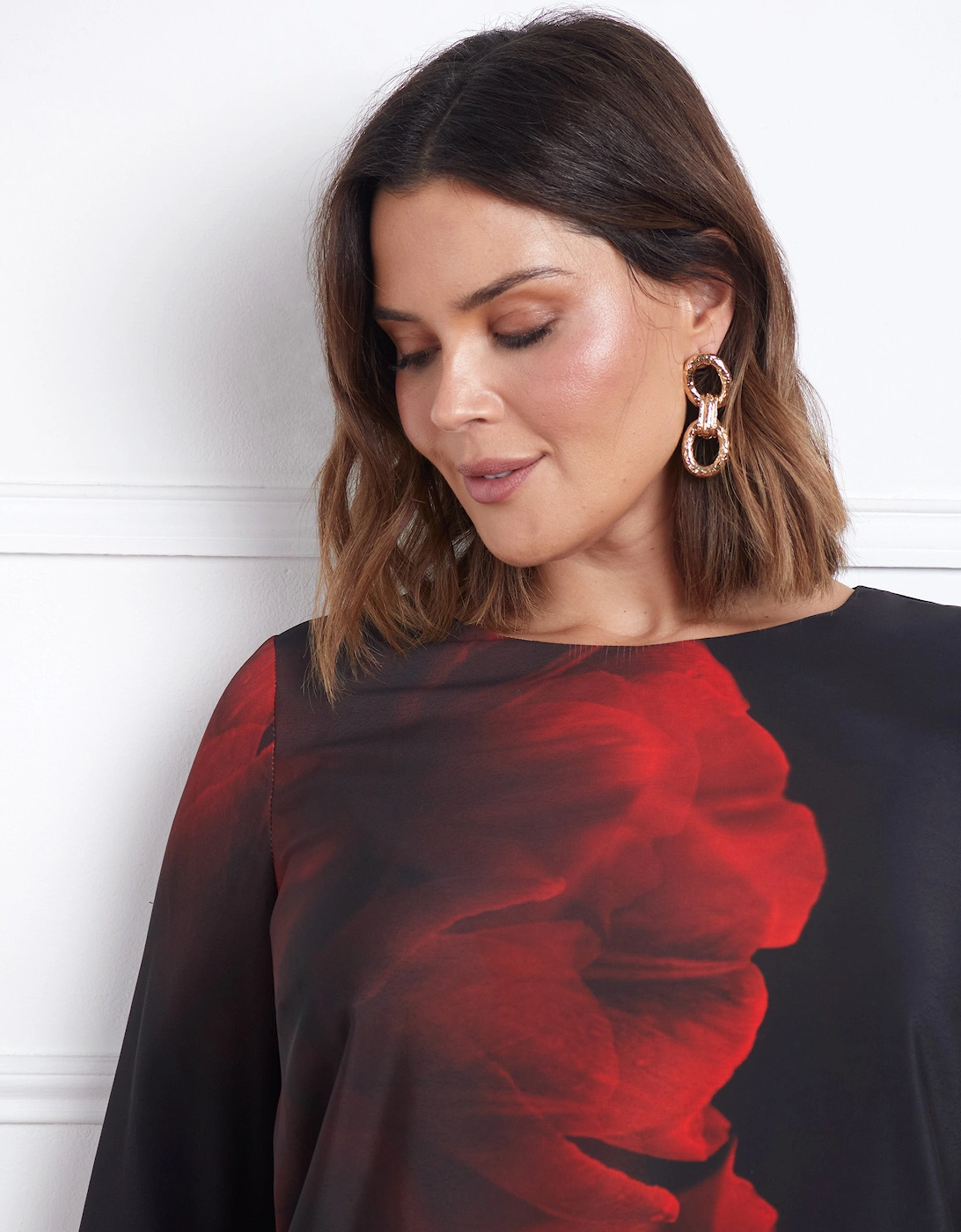 Red Floral Print Flared Sleeve Midaxi Dress