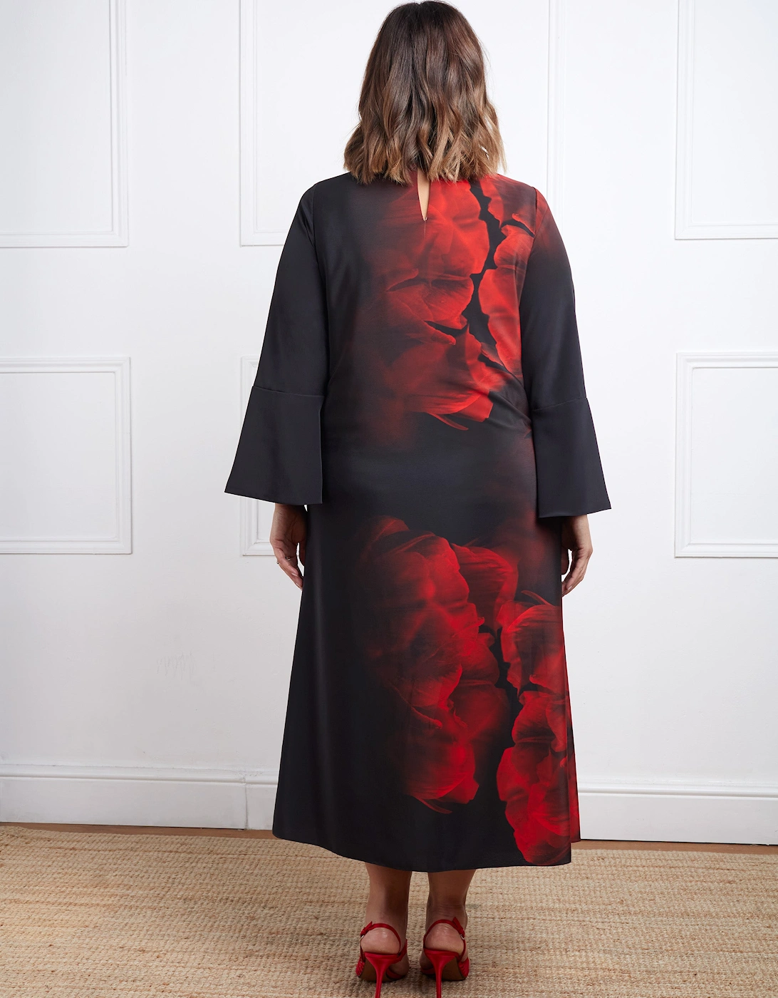 Red Floral Print Flared Sleeve Midaxi Dress
