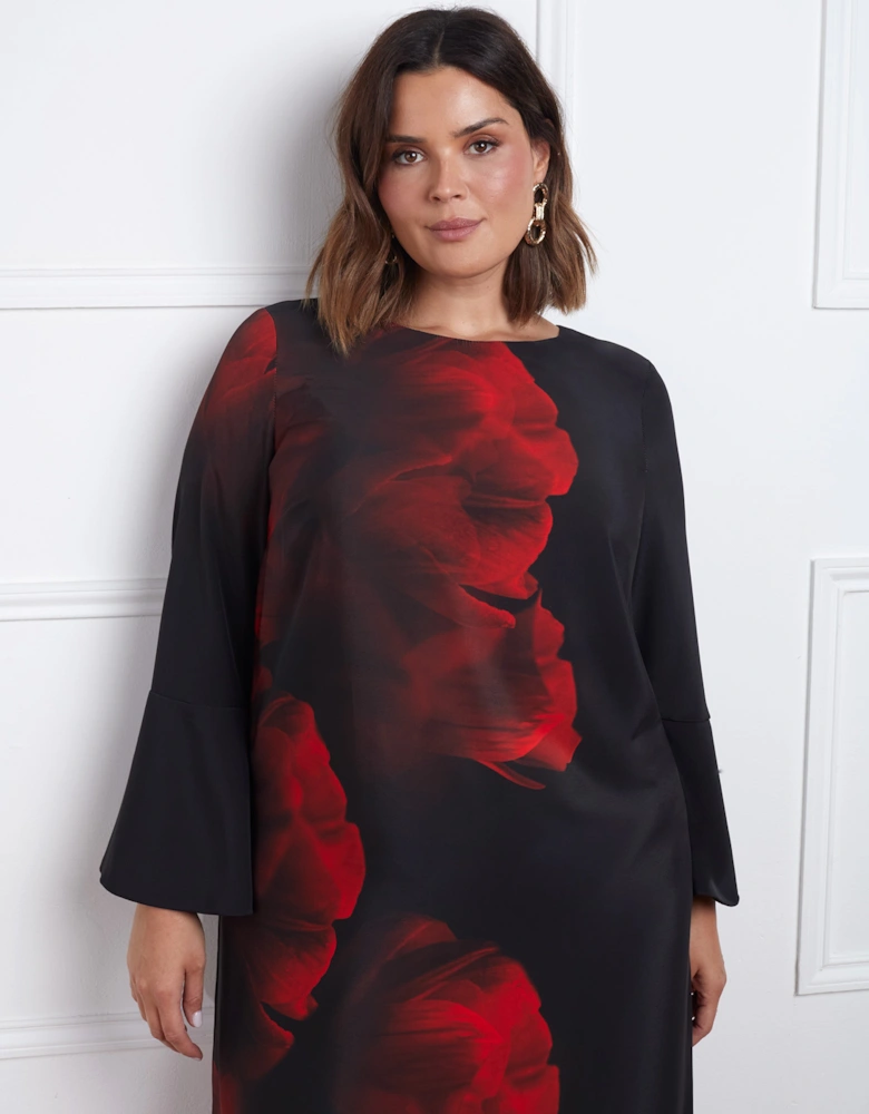 Red Floral Print Flared Sleeve Midaxi Dress