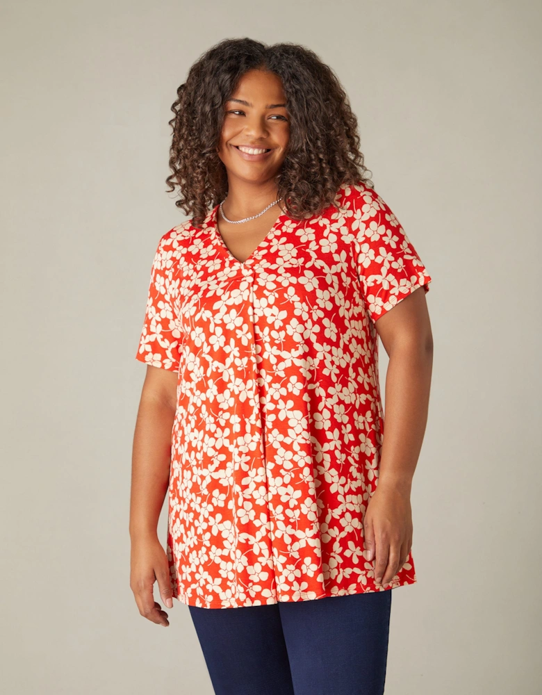 Red Ditsy Print Jersey Pleat Front Top