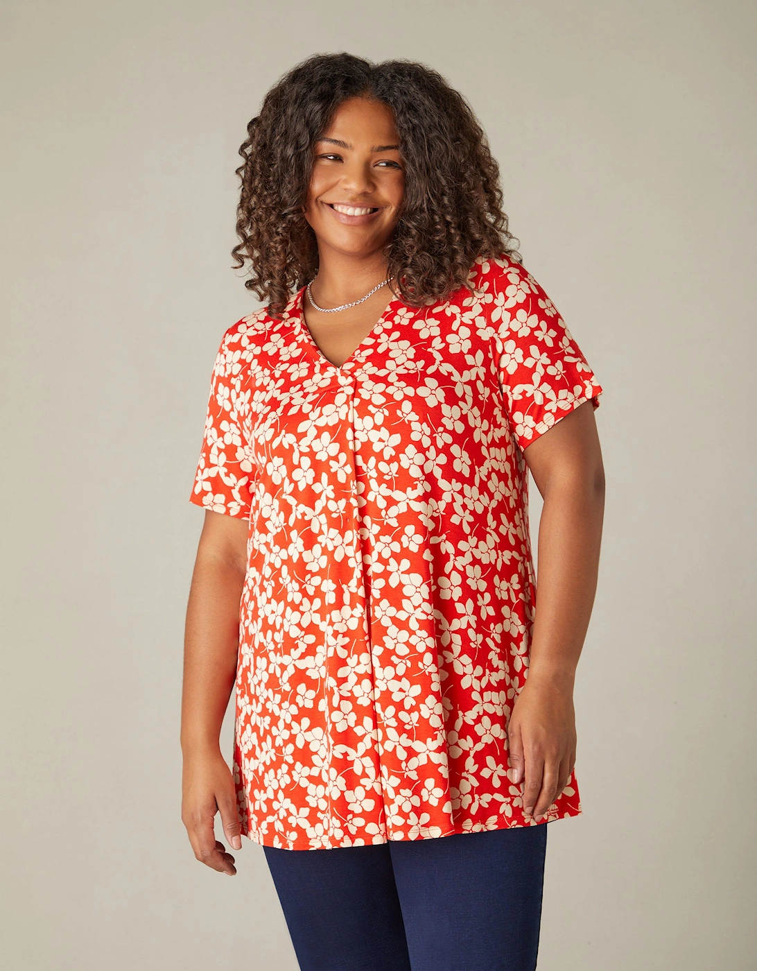 Red Ditsy Print Jersey Pleat Front Top
