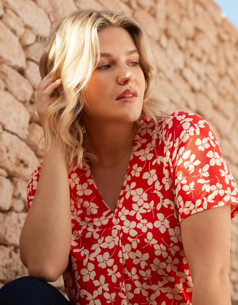 Red Ditsy Print Jersey Pleat Front Top