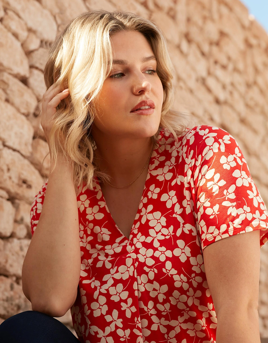Red Ditsy Print Jersey Pleat Front Top