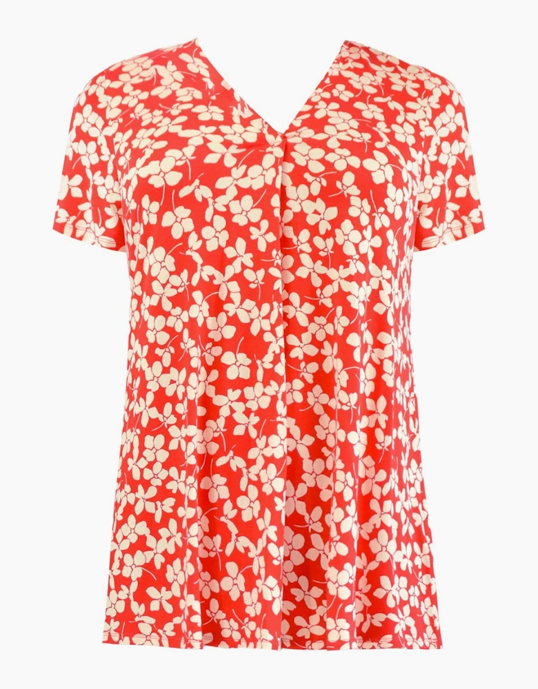 Red Ditsy Print Jersey Pleat Front Top