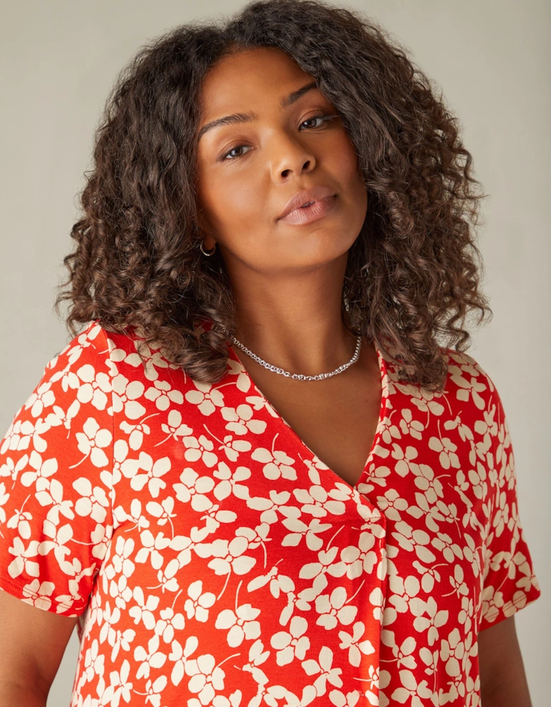 Red Ditsy Print Jersey Pleat Front Top