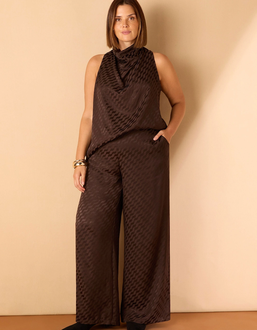 Brown Jacquard Cowl Neck Top