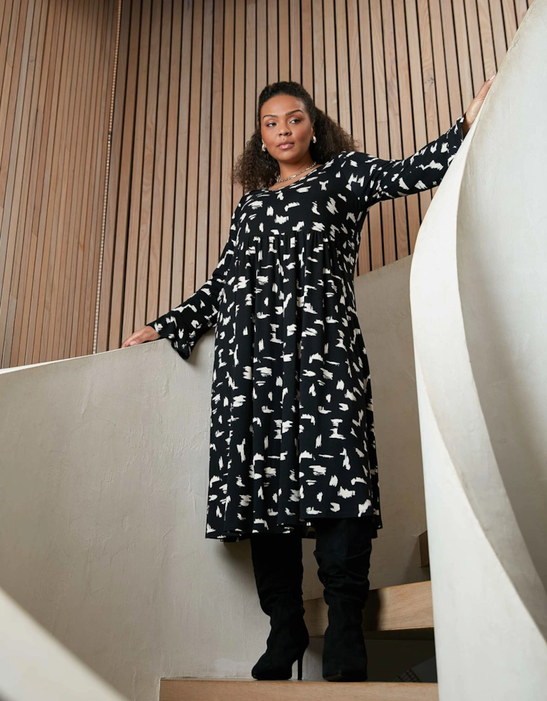 Mono Smudge Print Jersey Midi Dress