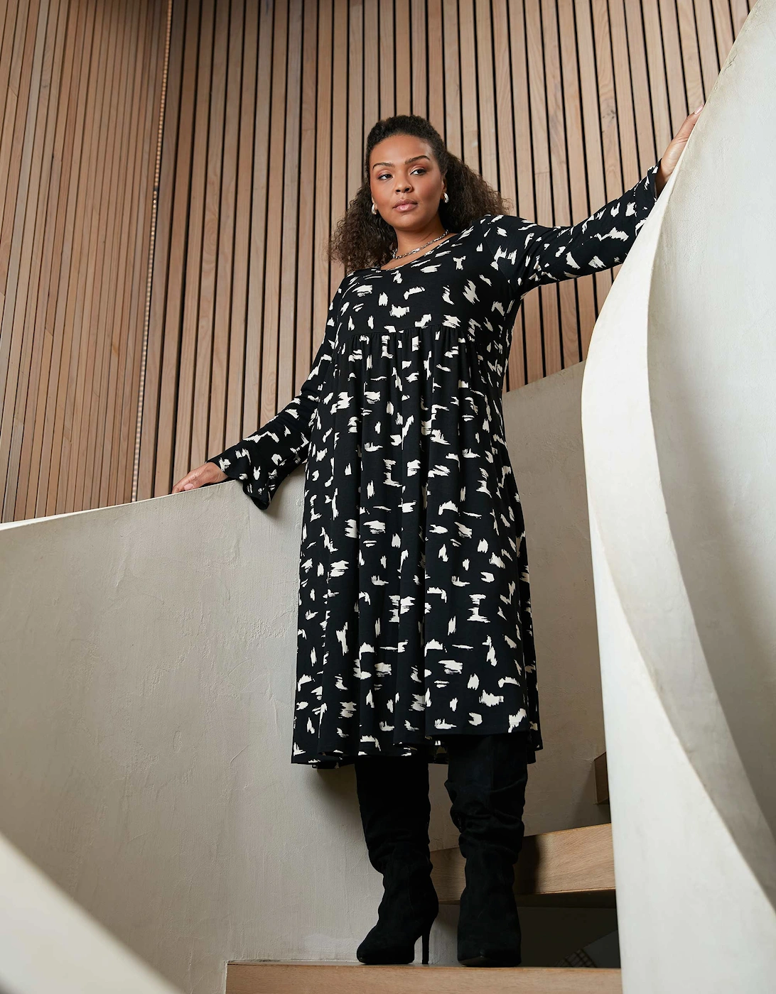 Mono Smudge Print Jersey Midi Dress
