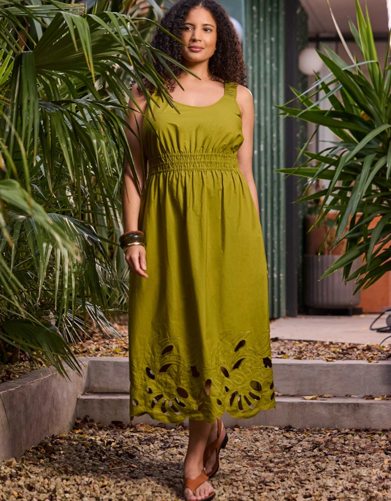 Green Embroidered Cut-Out Midi Dress