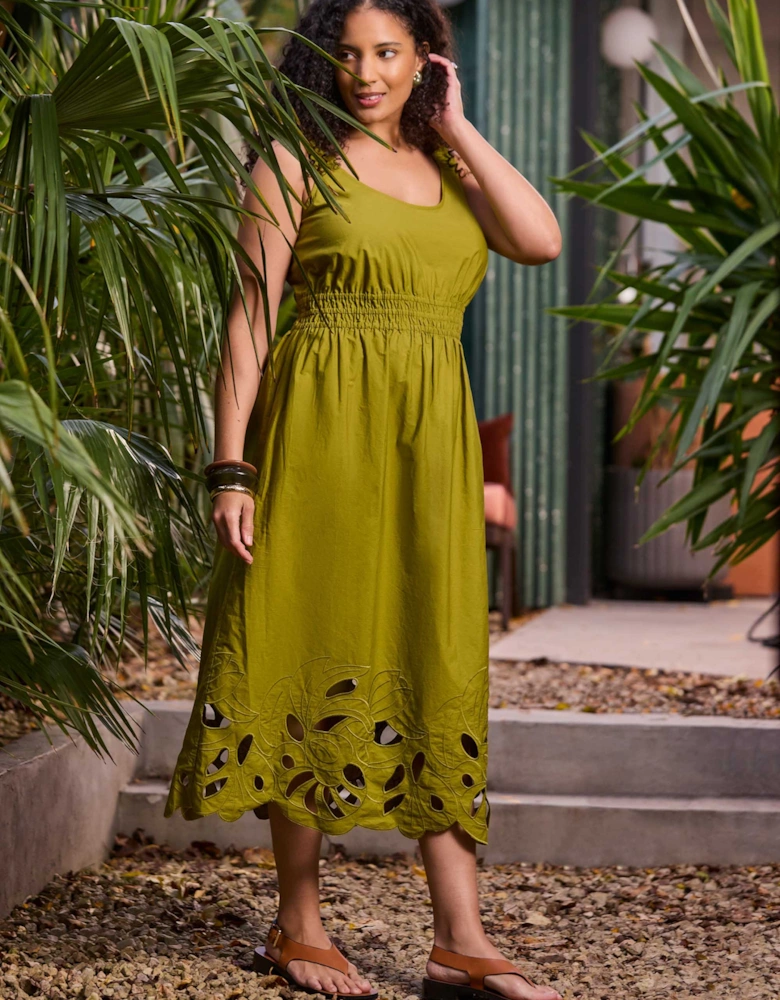 Green Embroidered Cut-Out Midi Dress