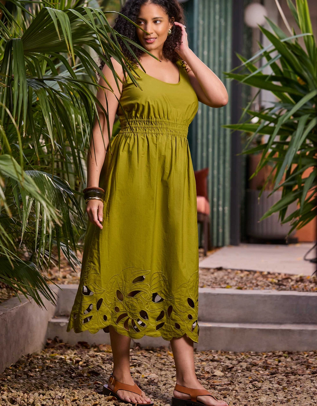 Green Embroidered Cut-Out Midi Dress