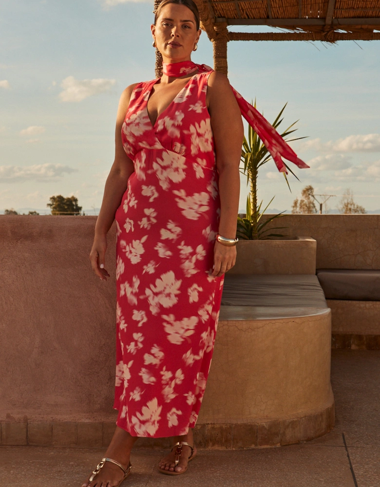 Coral Floral Print Sleeveless Midi Dress With Neck Scarf