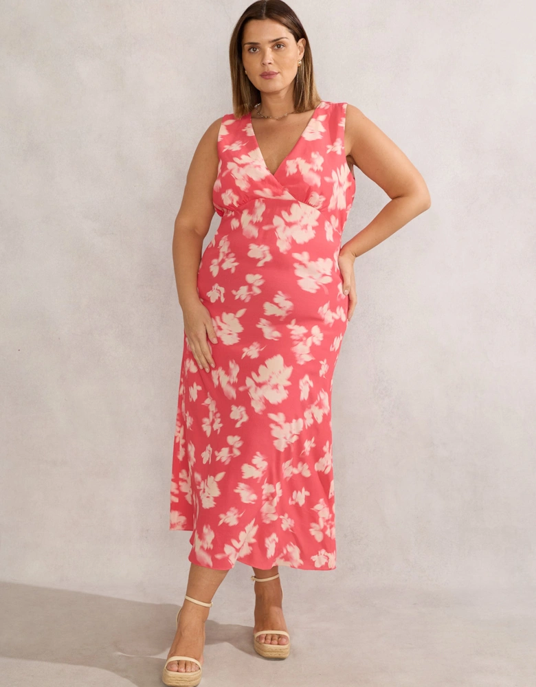 Coral Floral Print Sleeveless Midi Dress With Neck Scarf