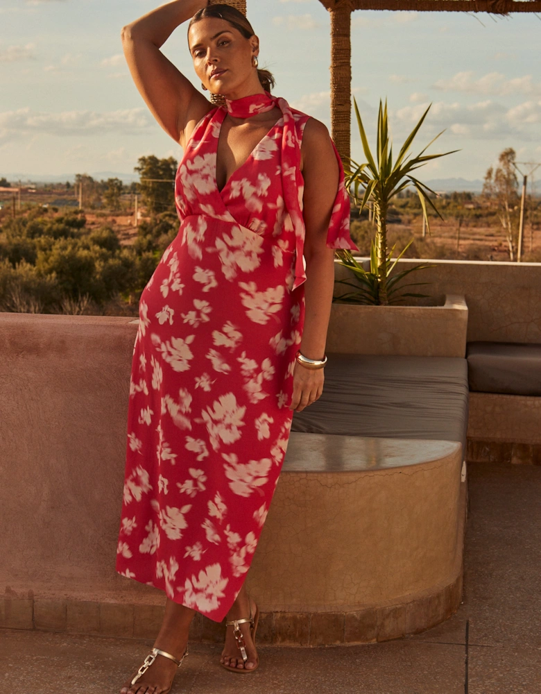 Coral Floral Print Sleeveless Midi Dress With Neck Scarf