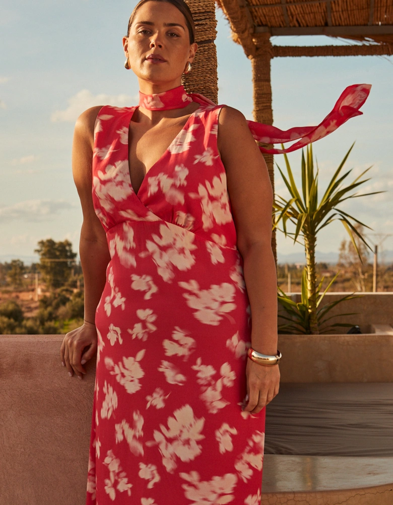 Coral Floral Print Sleeveless Midi Dress With Neck Scarf