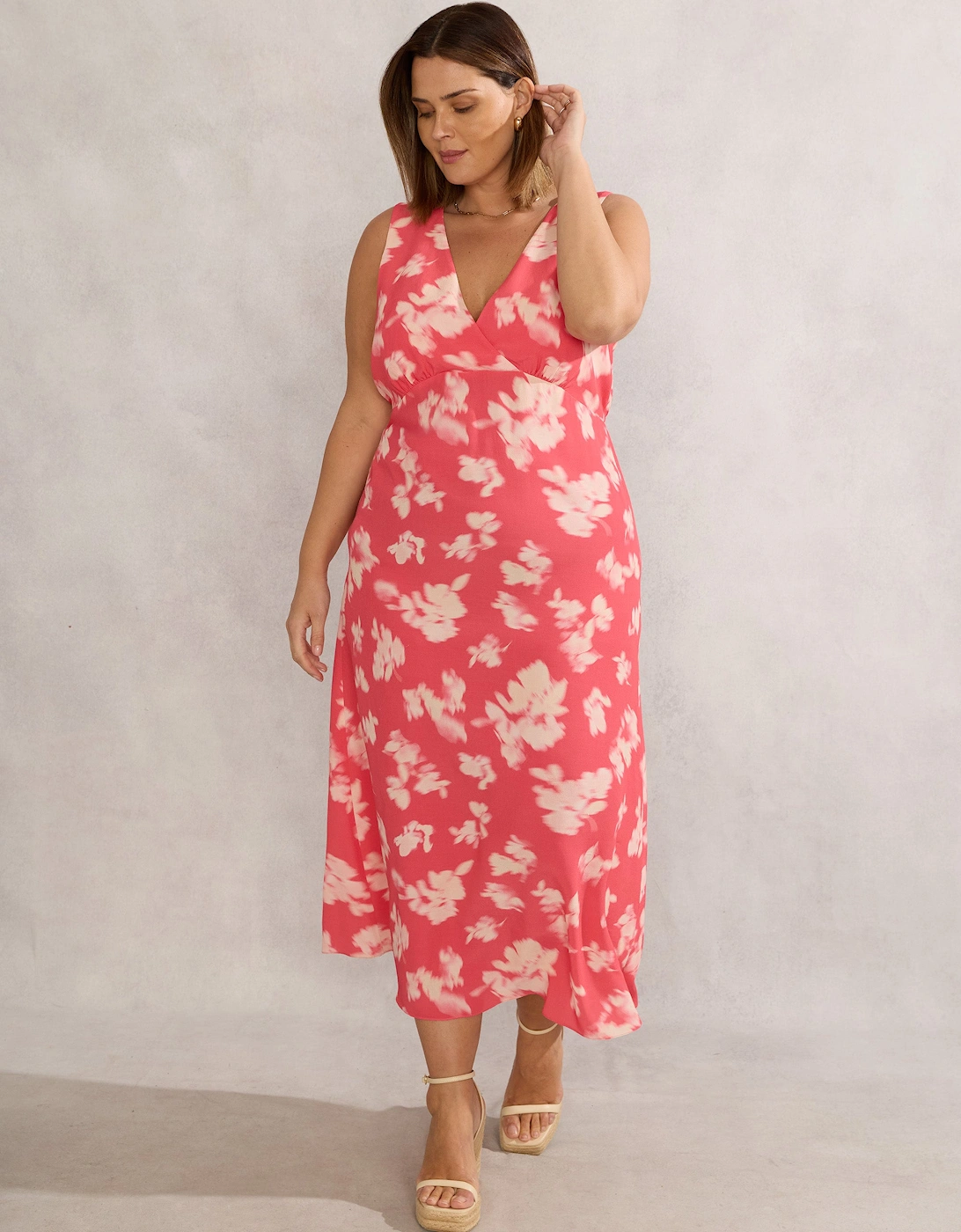 Coral Floral Print Sleeveless Midi Dress With Neck Scarf