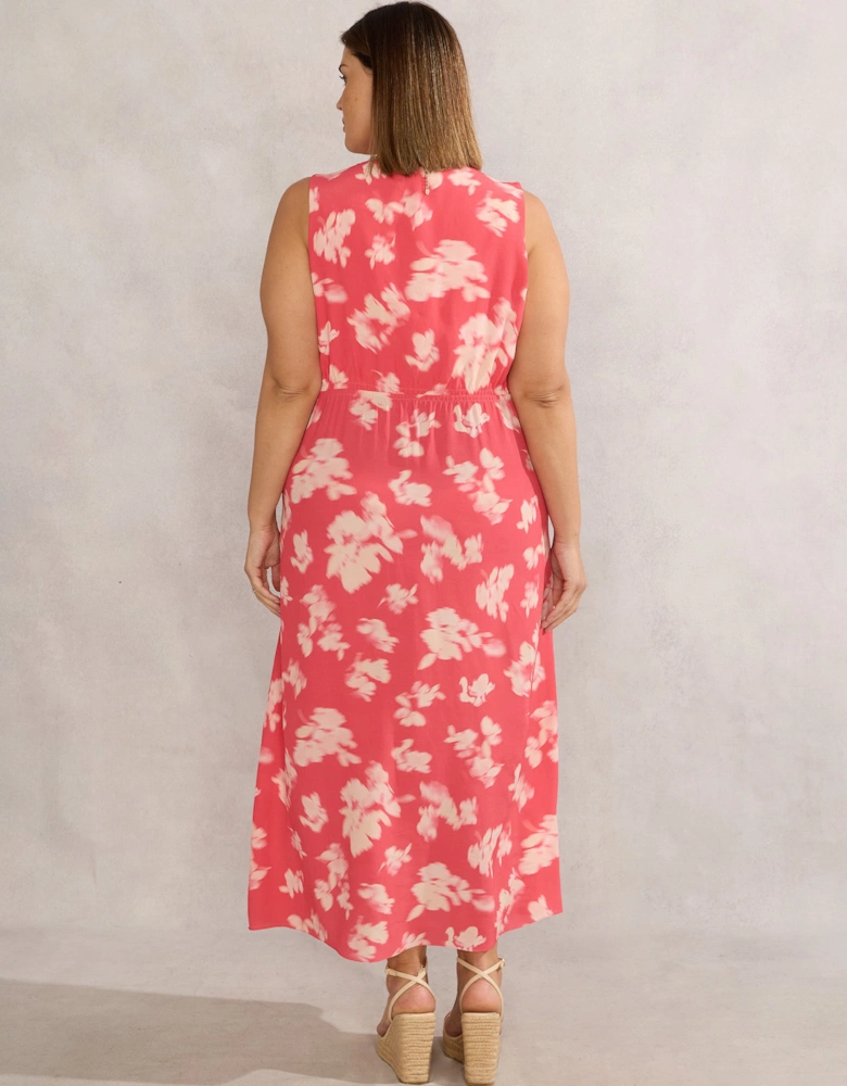 Coral Floral Print Sleeveless Midi Dress With Neck Scarf