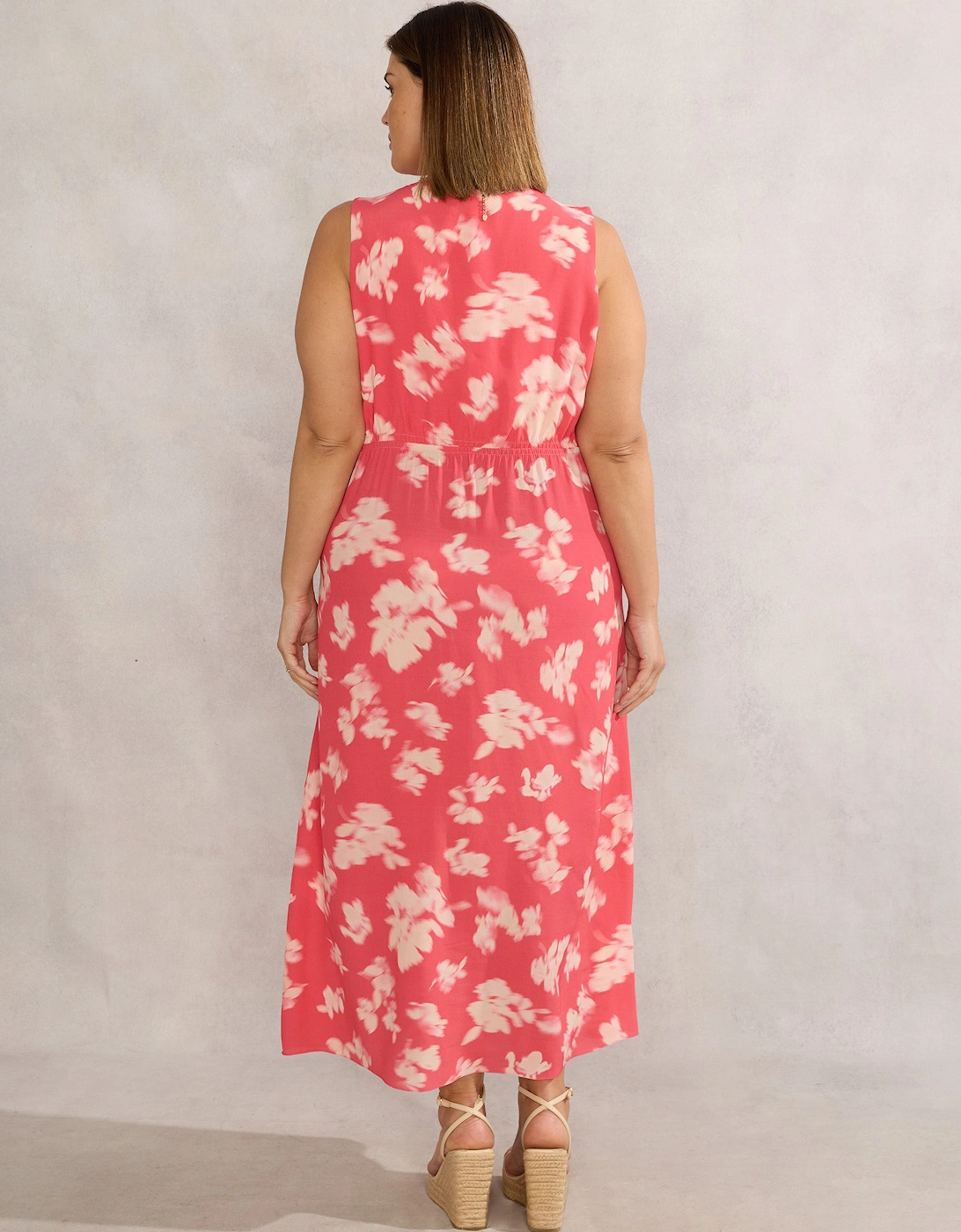 Coral Floral Print Sleeveless Midi Dress With Neck Scarf