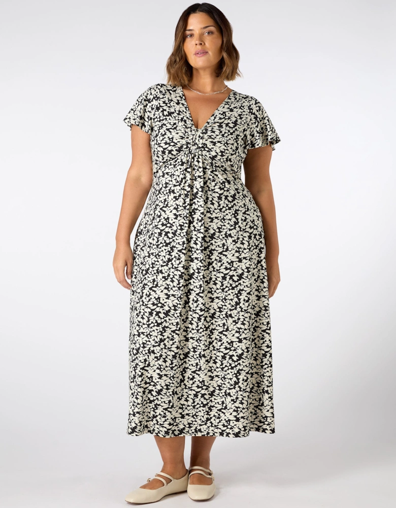 Mono Print Ruched Pleat Front Midi Dress