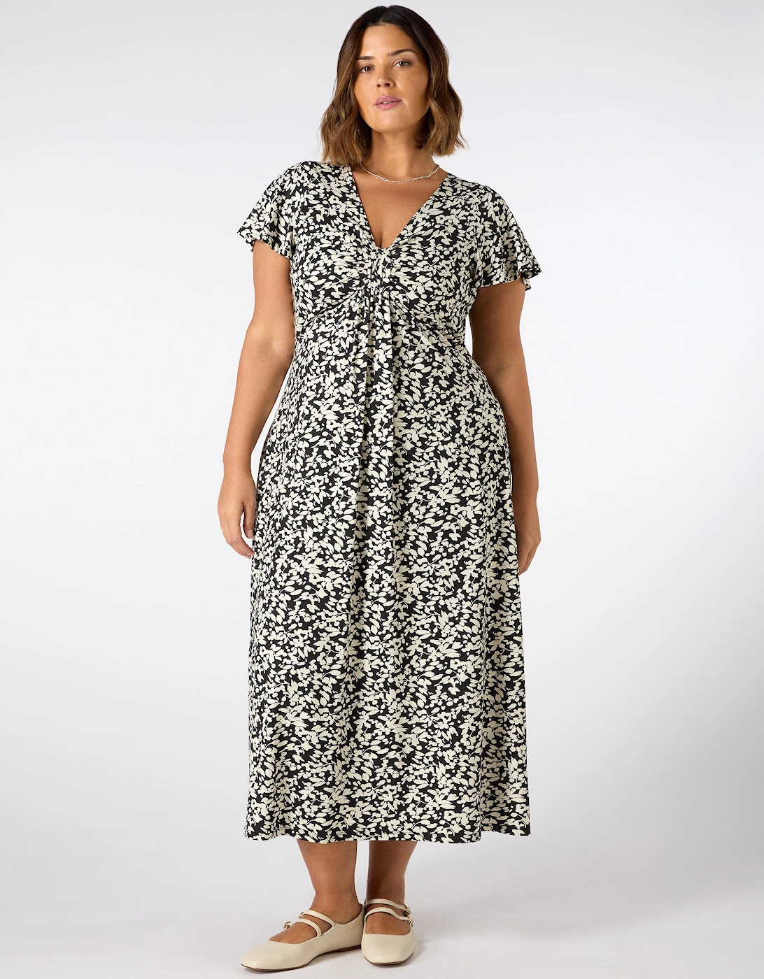 Mono Print Ruched Pleat Front Midi Dress