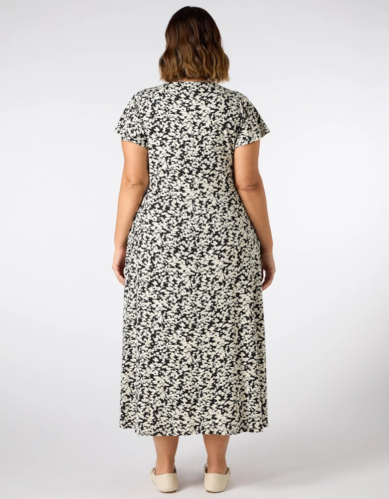Mono Print Ruched Pleat Front Midi Dress