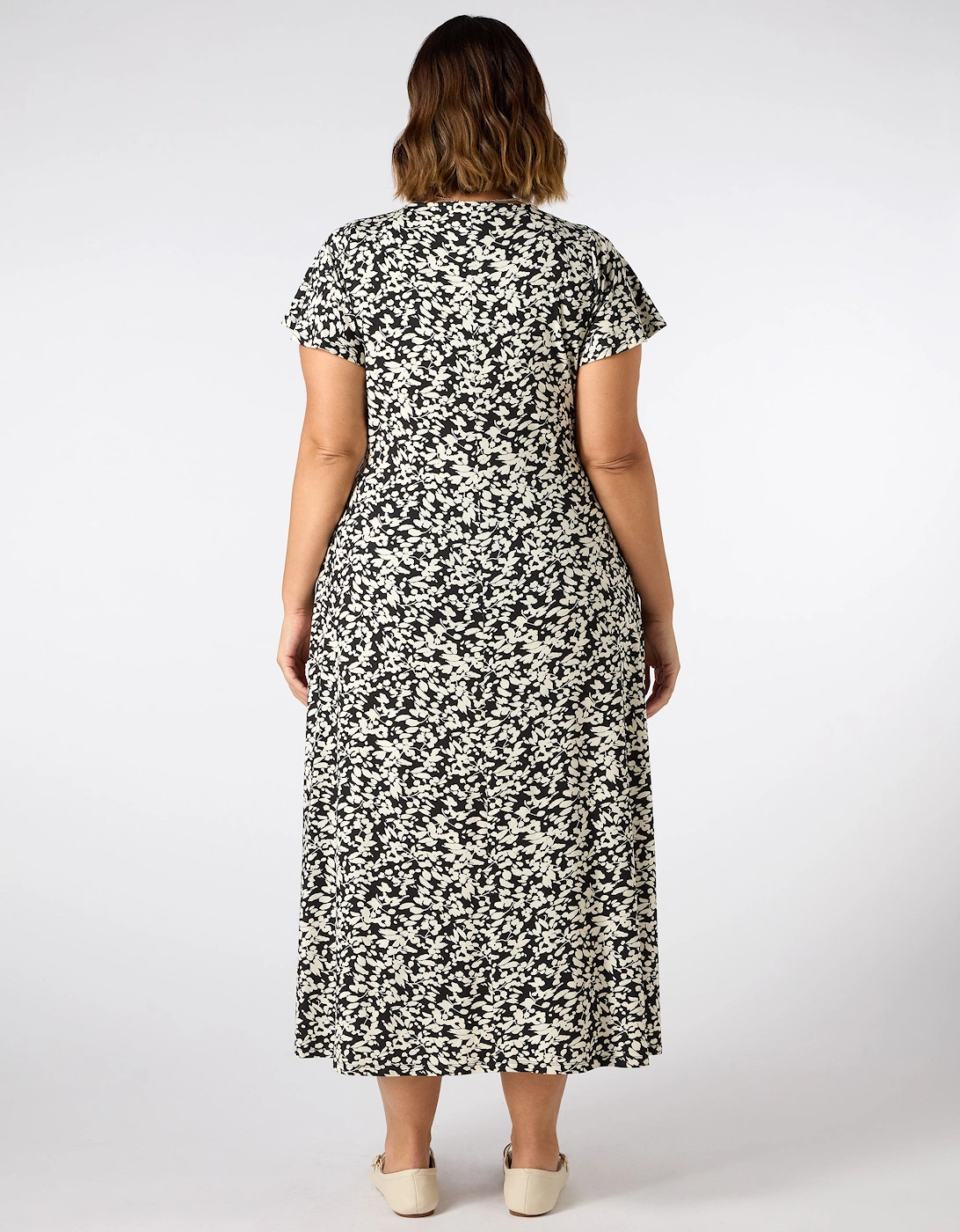 Mono Print Ruched Pleat Front Midi Dress