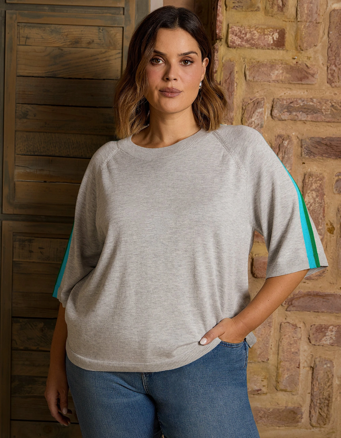 Grey Knitted Contrast Stripe Short Sleeve Jumper