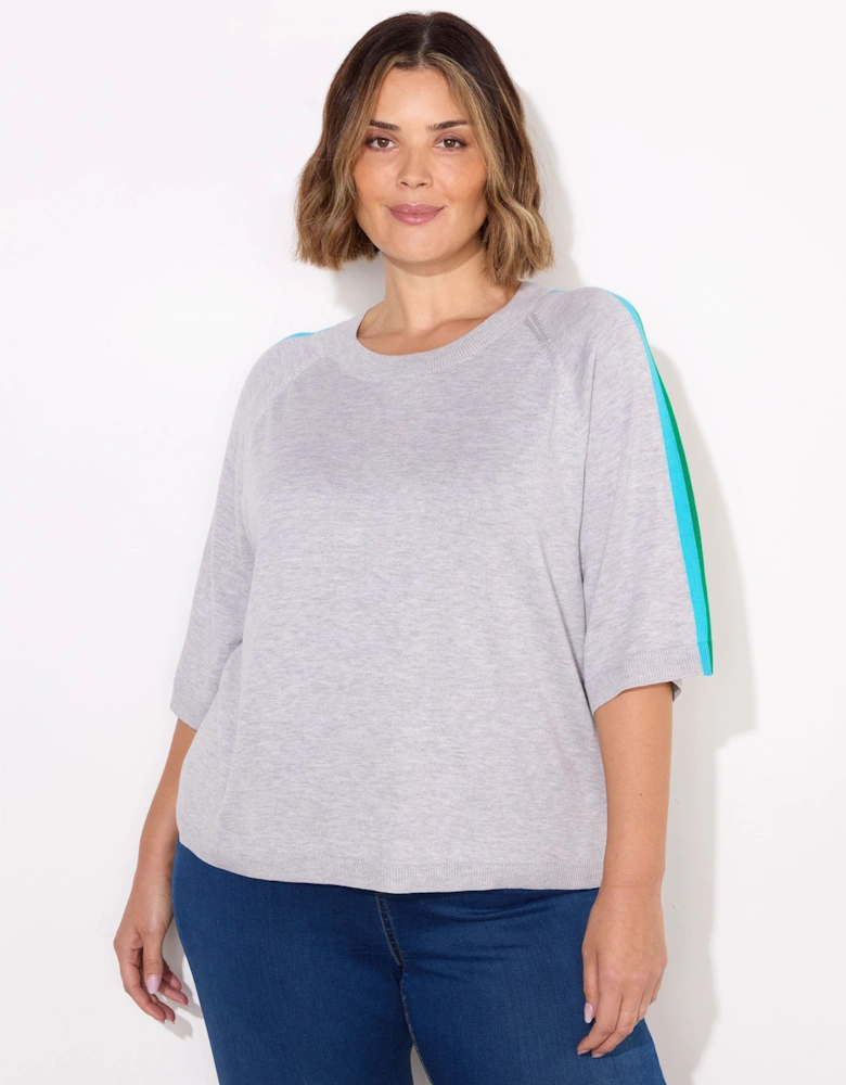 Grey Knitted Contrast Stripe Short Sleeve Jumper