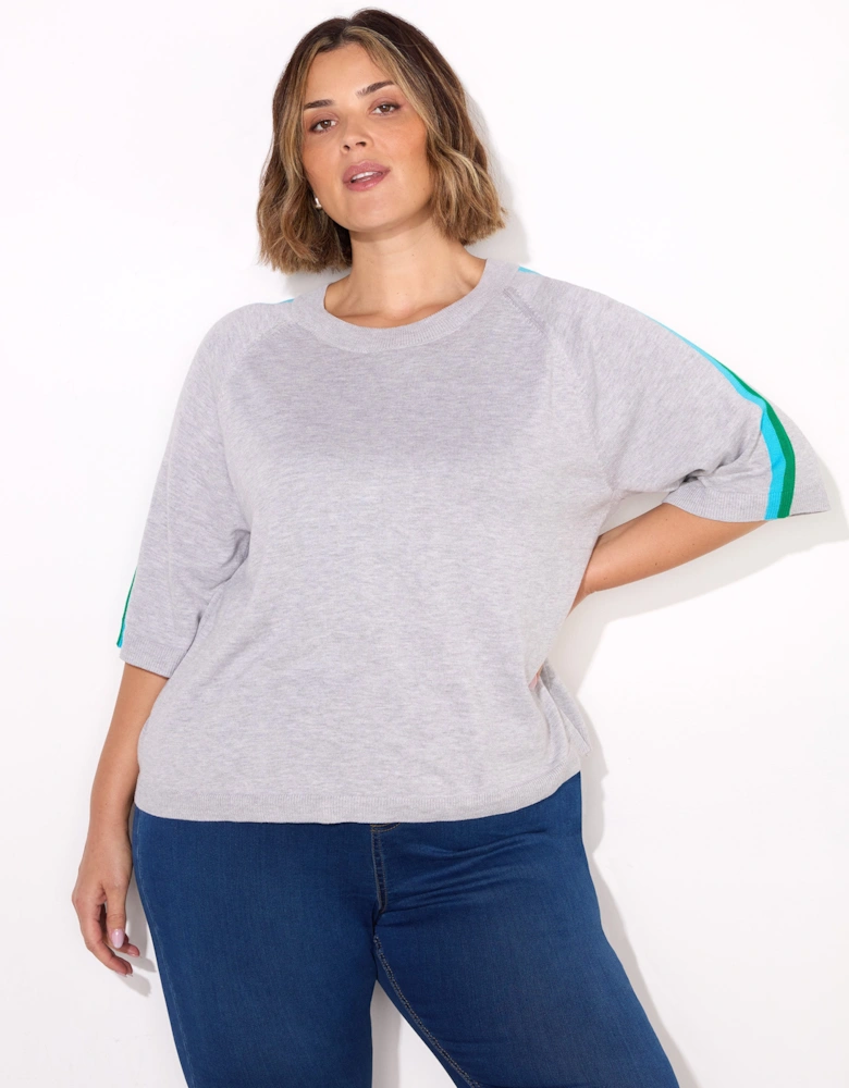 Grey Knitted Contrast Stripe Short Sleeve Jumper