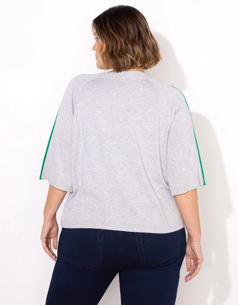 Grey Knitted Contrast Stripe Short Sleeve Jumper