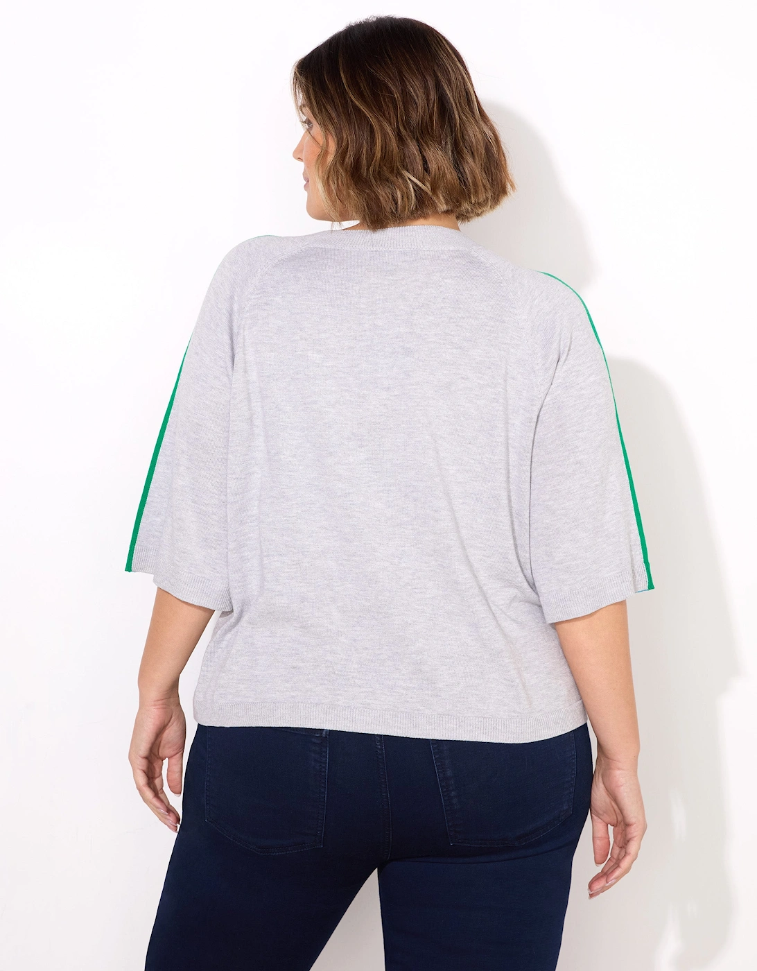 Grey Knitted Contrast Stripe Short Sleeve Jumper
