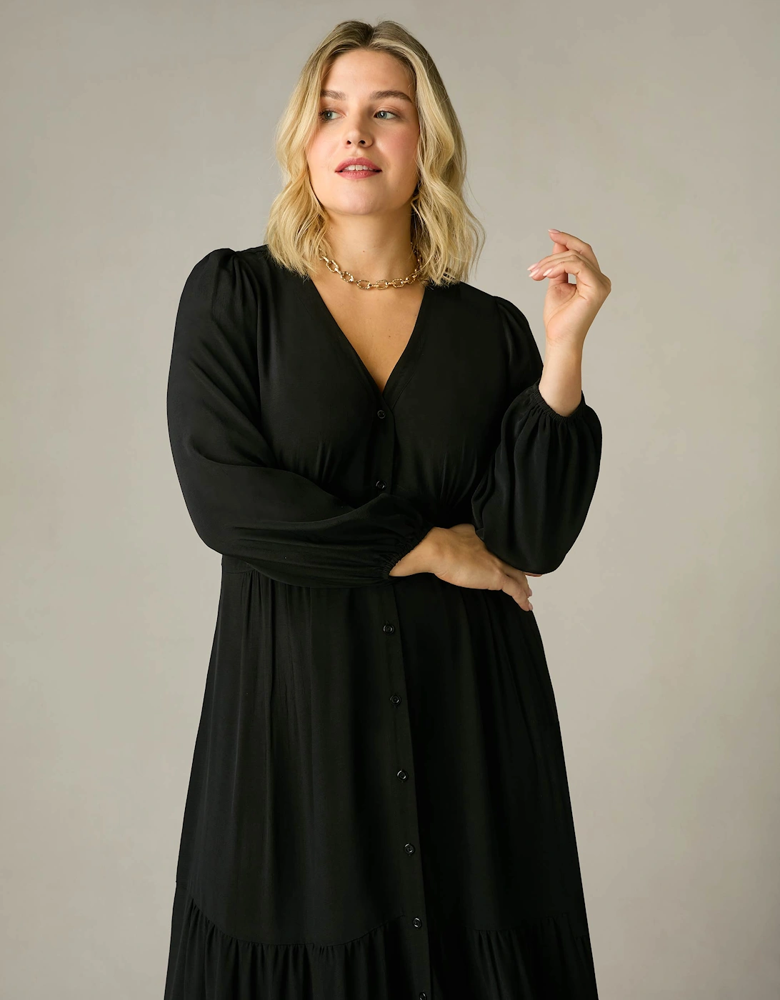 Black Button Front Midaxi Dress