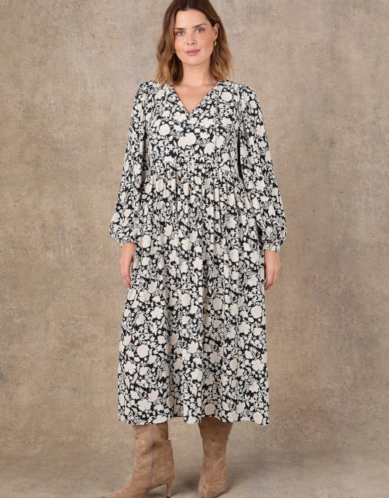Petite Black Floral Print Tie Neck Midaxi Dress