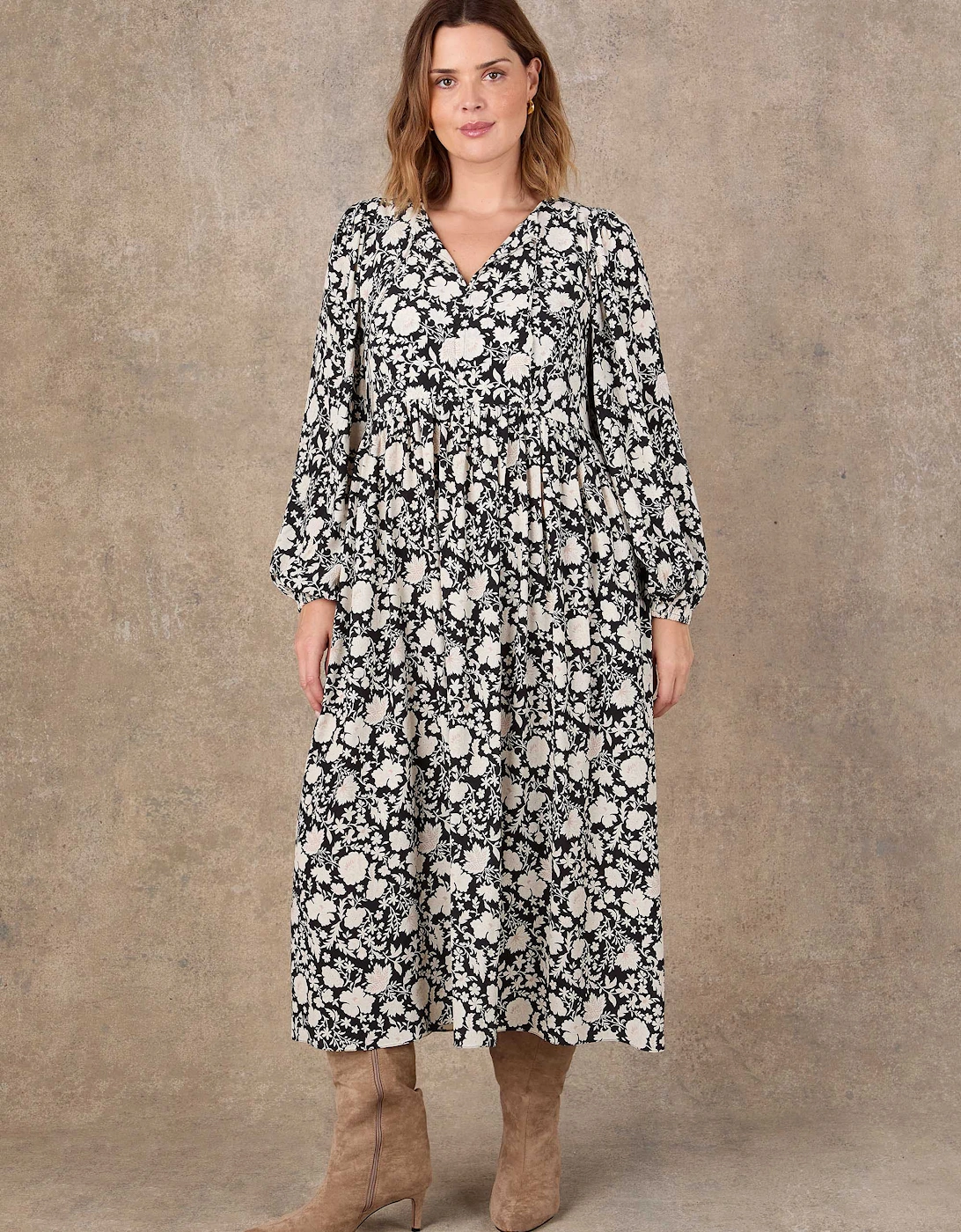 Petite Black Floral Print Tie Neck Midaxi Dress