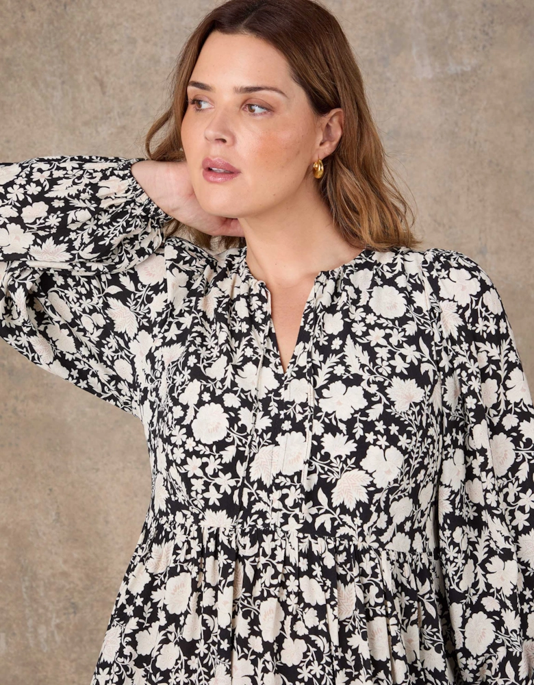 Petite Black Floral Print Tie Neck Midaxi Dress