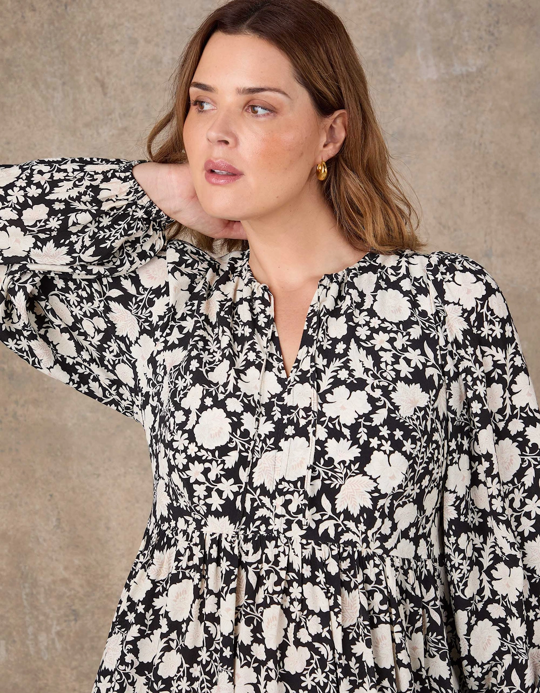 Petite Black Floral Print Tie Neck Midaxi Dress, 5 of 4