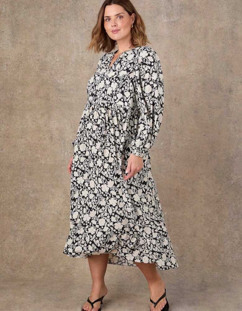 Petite Black Floral Print Tie Neck Midaxi Dress