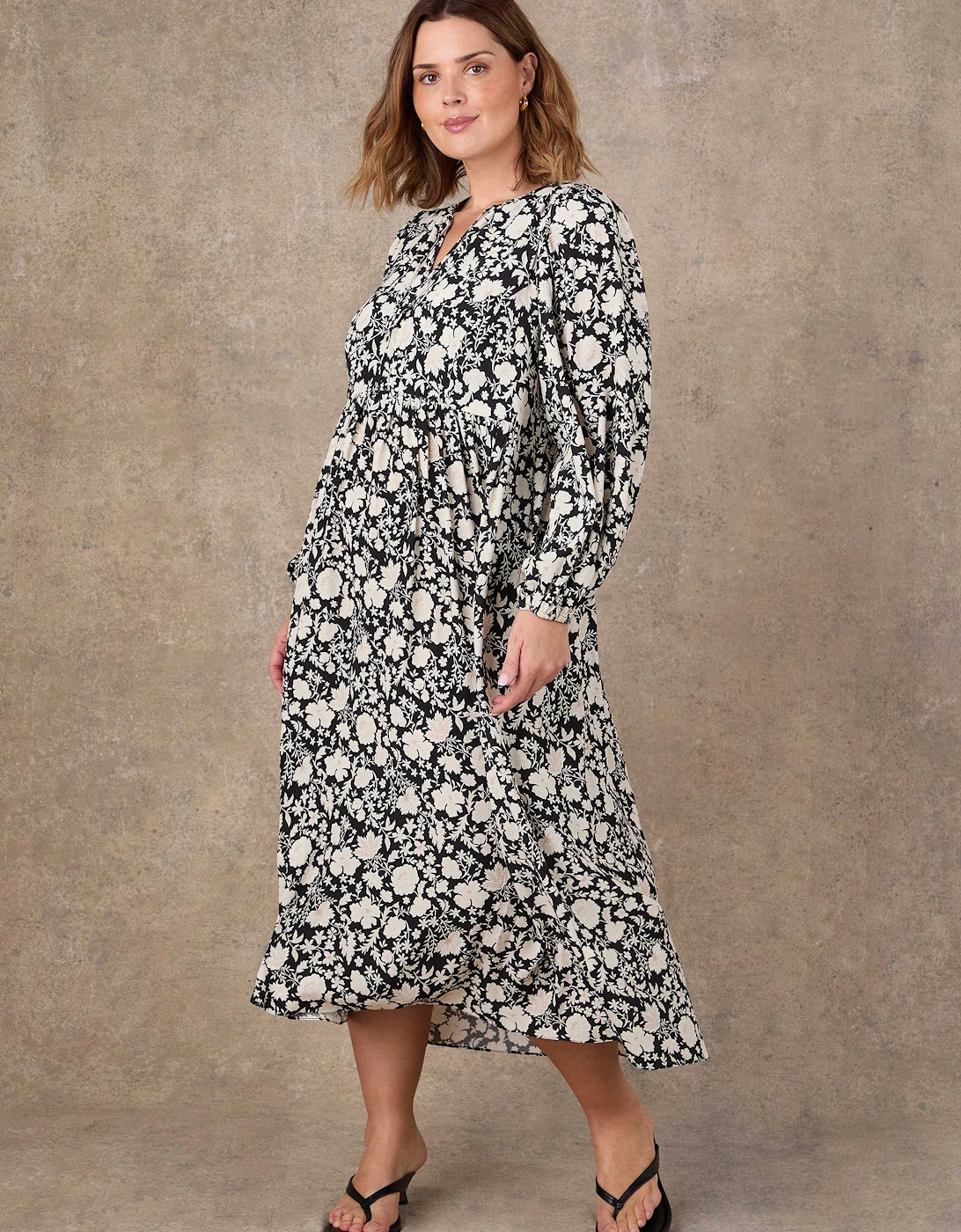Petite Black Floral Print Tie Neck Midaxi Dress