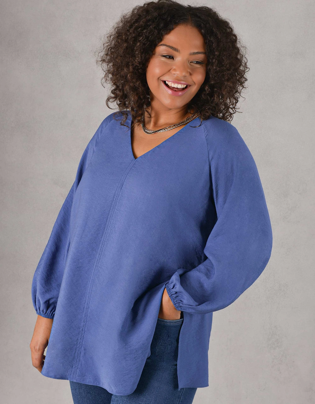 Blue V-Neck Full Sleeve Blouse