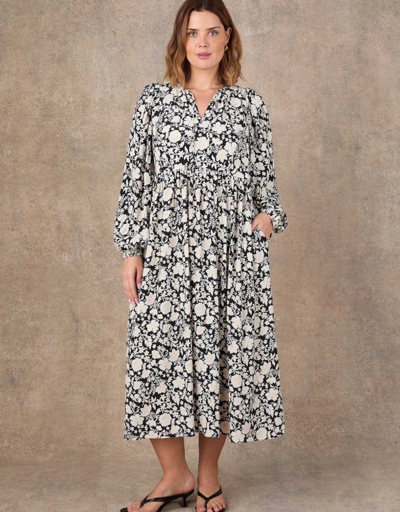 Petite Black Floral Print Tie Neck Midaxi Dress