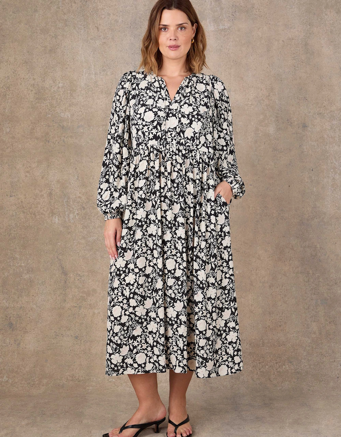 Petite Black Floral Print Tie Neck Midaxi Dress