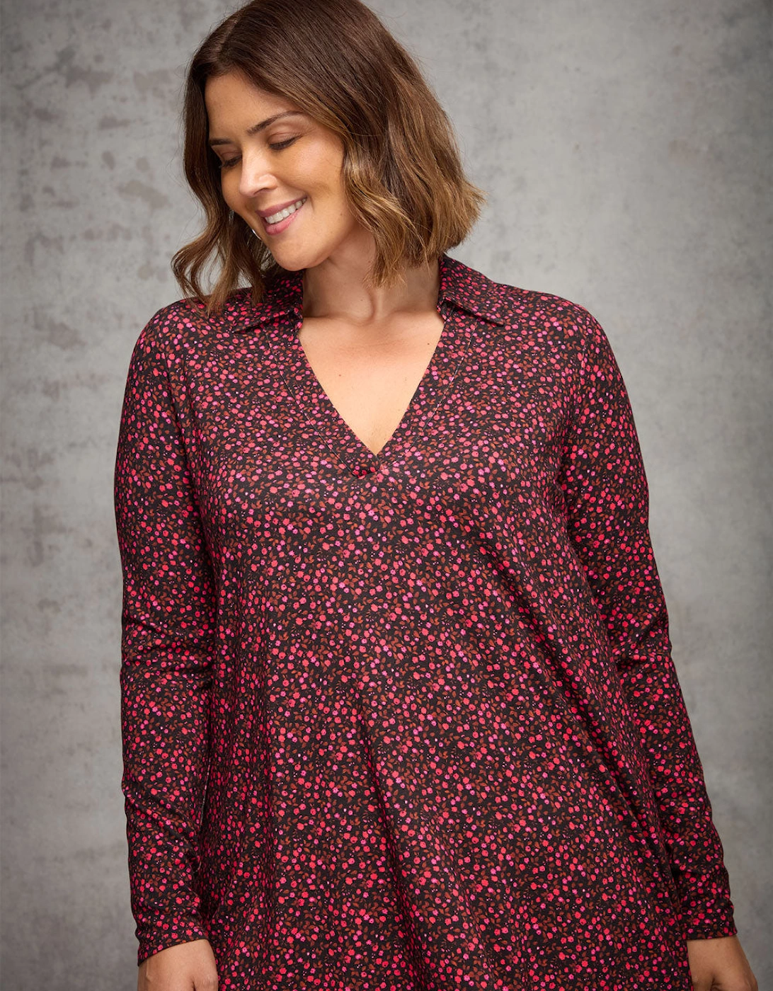 Red Ditsy Floral Print Jersey Polo Collar Tunic