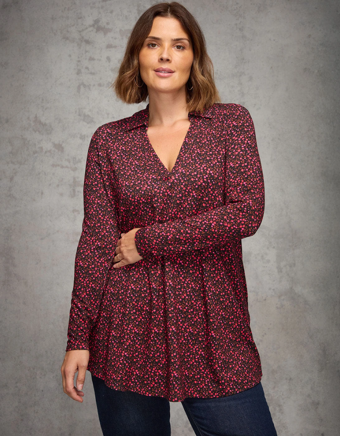 Red Ditsy Floral Print Jersey Polo Collar Tunic, 5 of 4